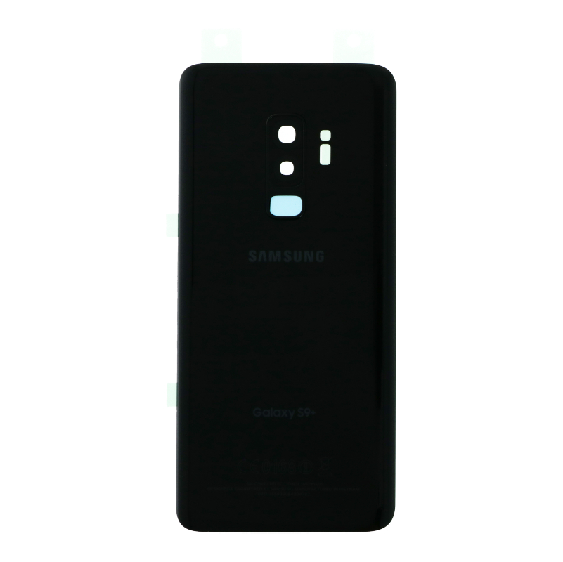 Battery Door + Battery Door Adhesive + Back Camera Lens and Bezel with Back cover waterproof Adhesive for Samsung Galaxy S9 Plus Black with Galaxy S9+ Logo OEM