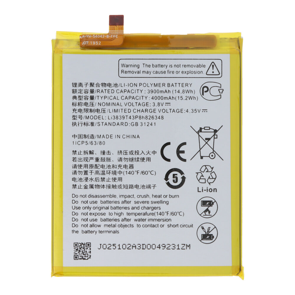 Li3839T43P8h826348 4000mAh Battery + Battery Adhesive for ZTE Blade A7/Blade A7 2020/Blade A7s 2020/Blade 20 5G OEM without Logo